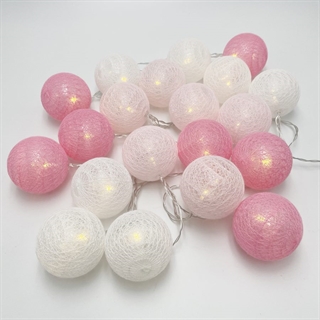 LED lyskæde med 20 lyserøde og hvide bomuldskugler – 1,5 m, 3 m – Ø 6 cm